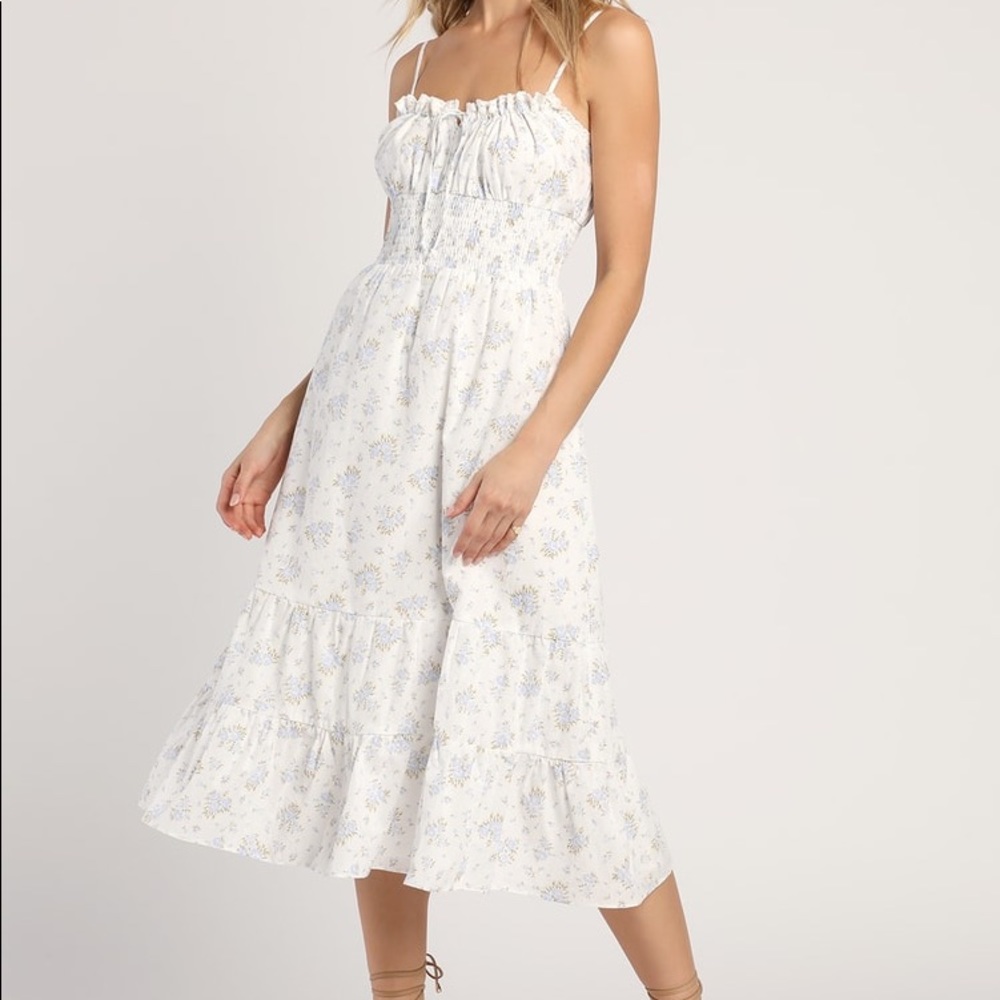 Lulus Light and Lovely White Floral Print Tiered Smocked Midi Dress